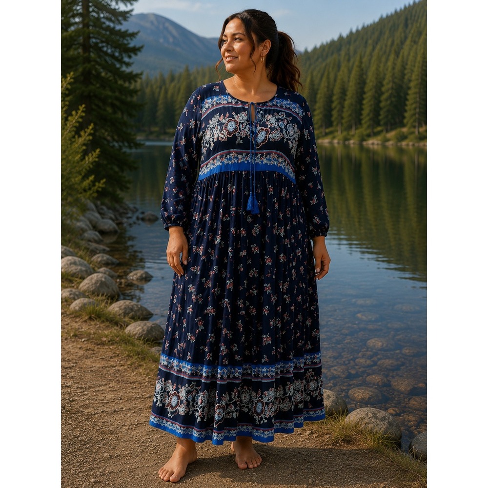 Vintage Expressions‎ Maxi Dress 1X Rayon Floral Tassel Boho Cottagecore Navy